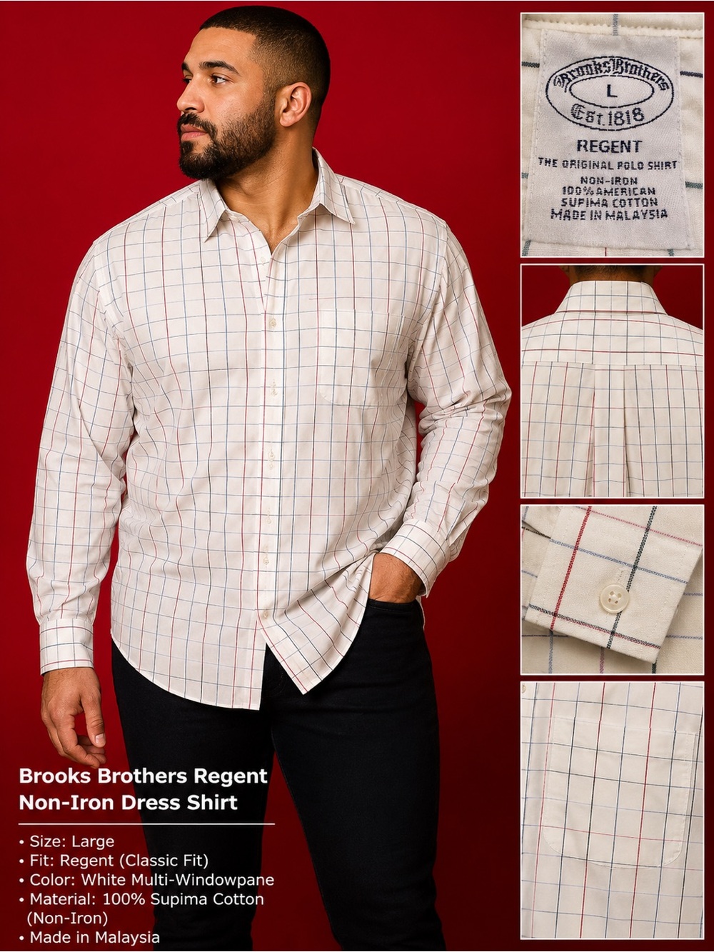 Brooks Brothers White Shirt with Red and Blue Windowpane